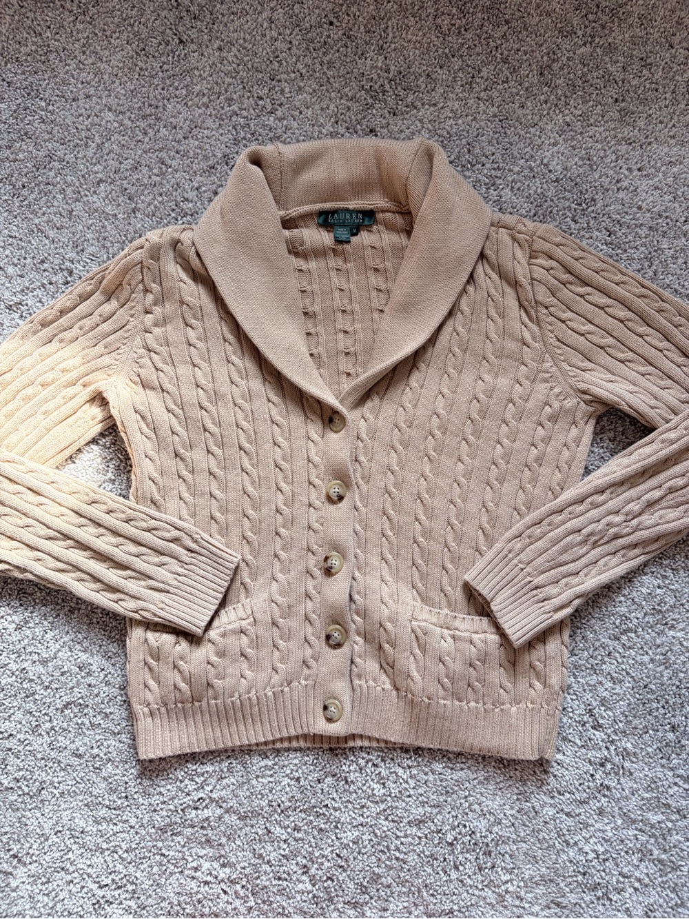 Ralph Lauren Tan Cable-Knit Shawl Collar Cardigan